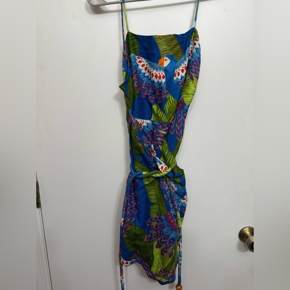FARM RIO XS Mini Wrap Dress Blue Macaw Print 100% linen Super Cute! - Picture 4 of 10